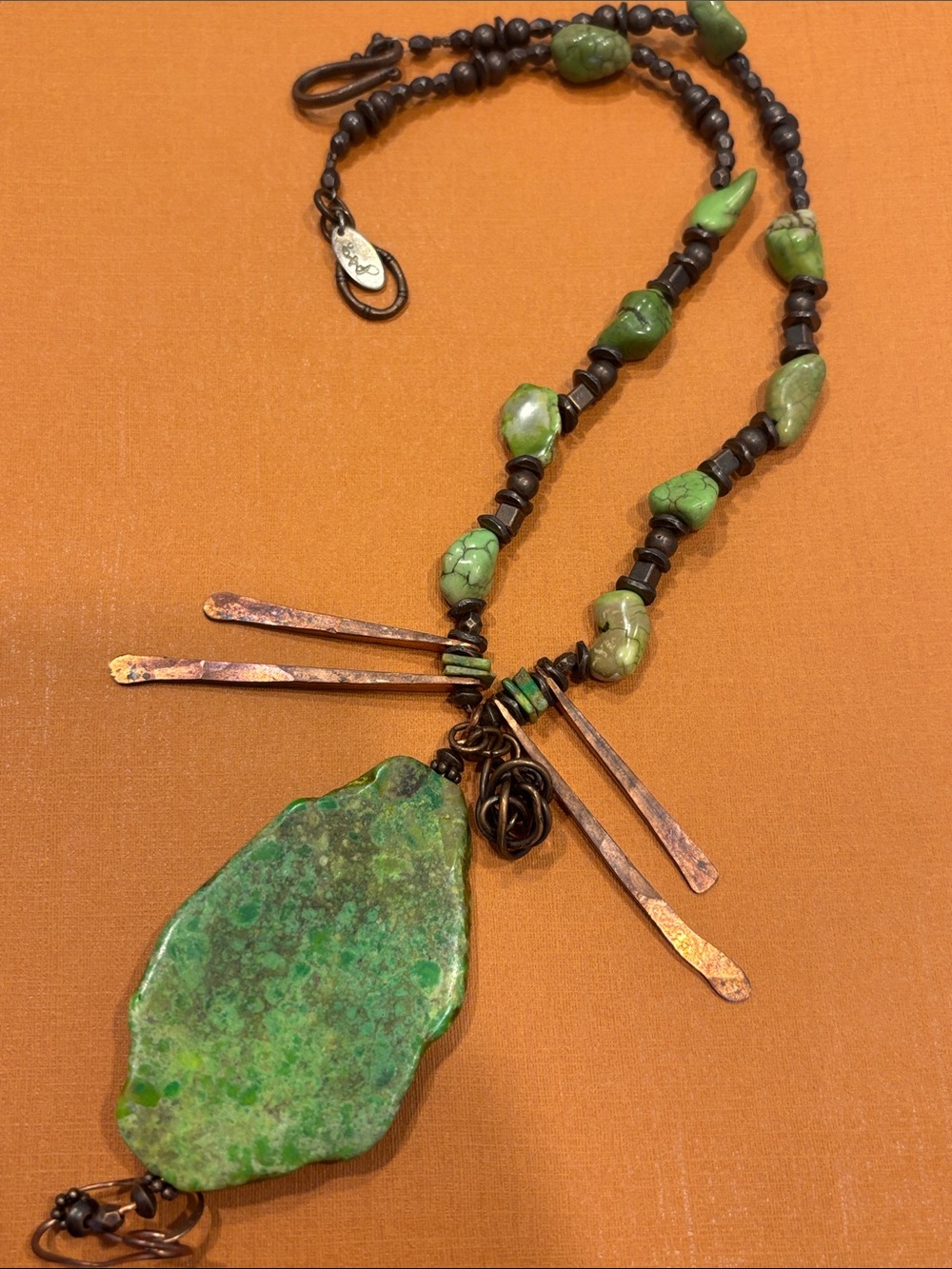 Vintage Green Stone Pendant Necklace with Copper Accents - Marked SKD